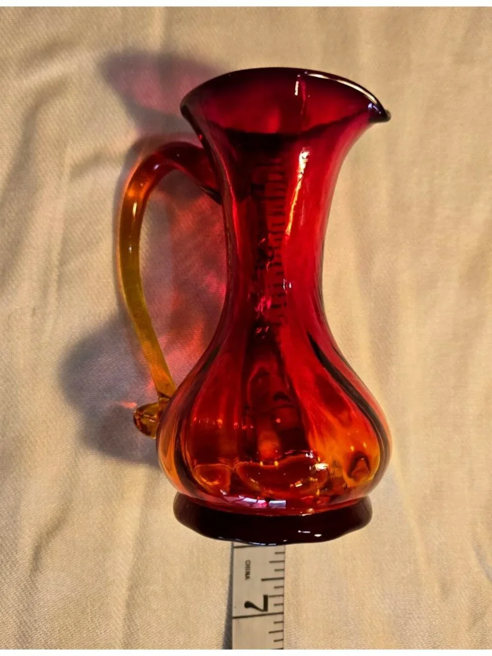 Kanawha Amberina 5” Glass Pitcher Bud Vase Red Yellow Tint Vtg Handcrafted